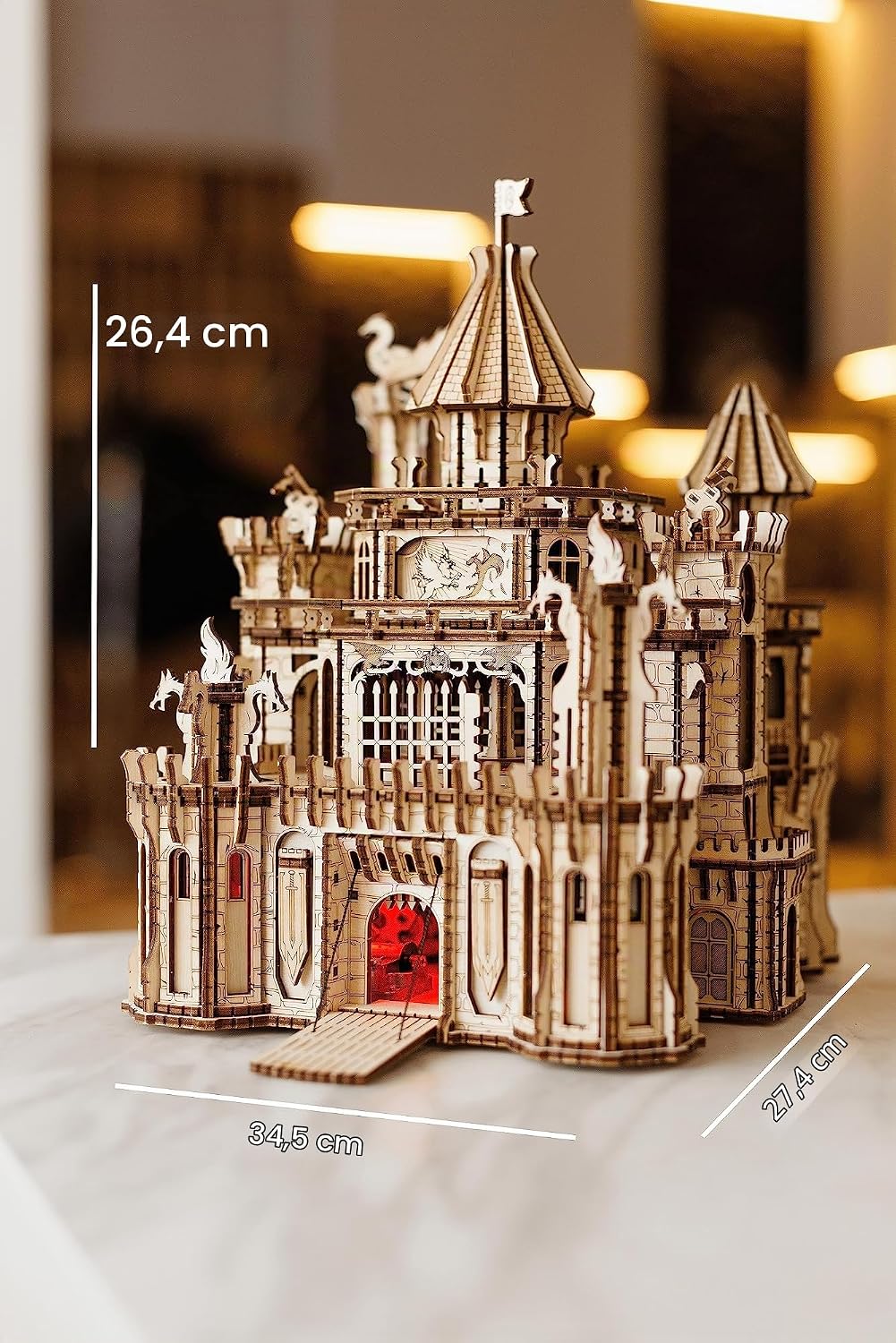 Wood Trick Dragon Castle Moveable Wooden 3D Puzzles for Adults and Kids to Build - Red LED - Greensl