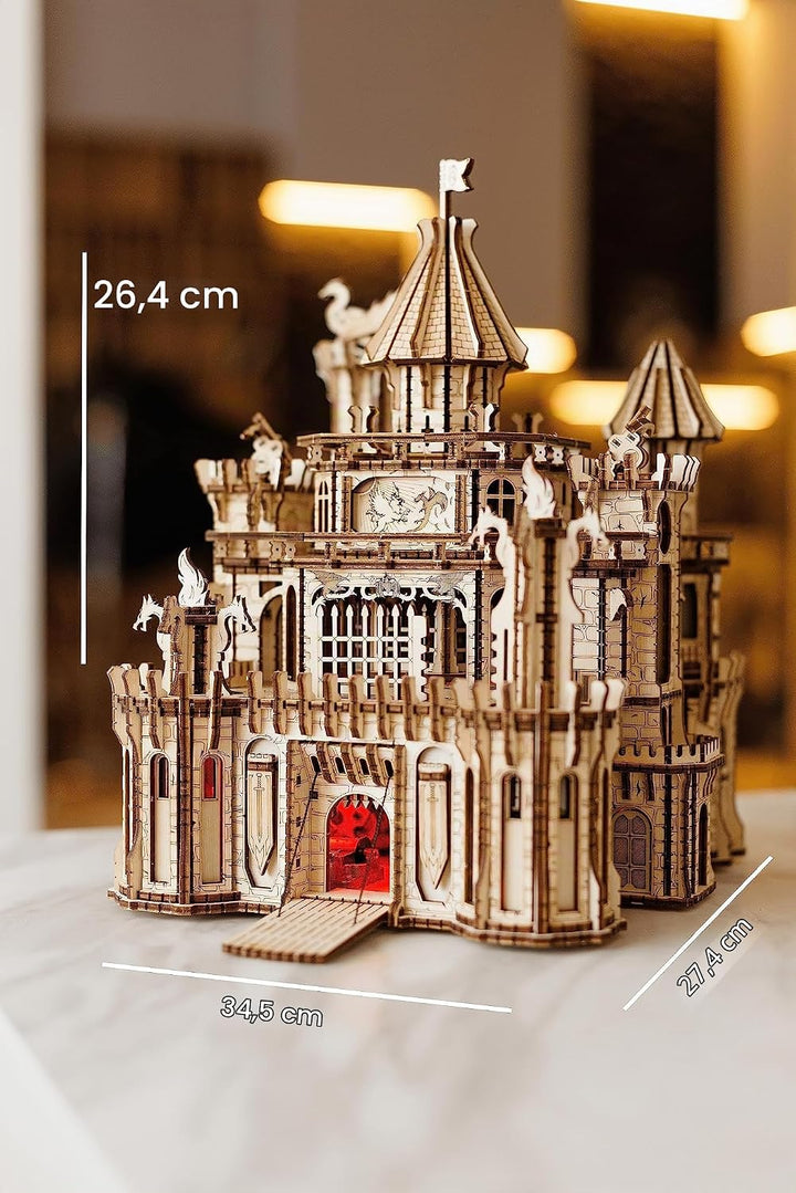 Wood Trick Dragon Castle Moveable Wooden 3D Puzzles for Adults and Kids to Build - Red LED - Greensl