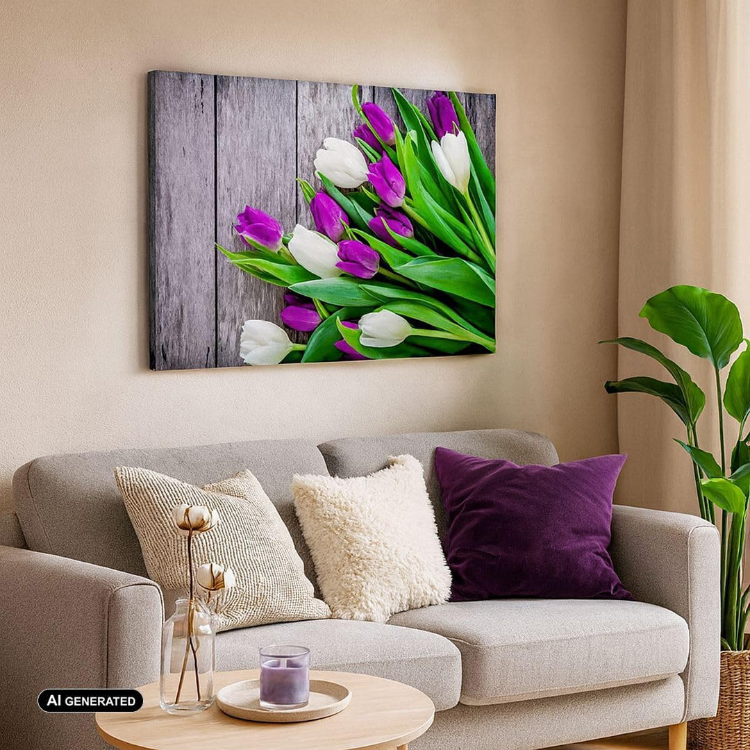 Bilder auf Leinwand 100x70cm Leinwandbild Tulpen Holz Blumenstrauss Blumen Gross Wanddeko Bild Schla