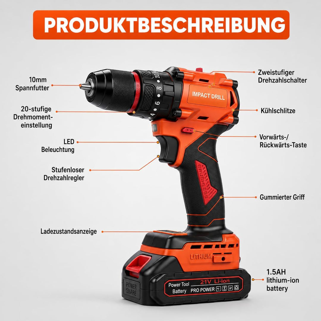 Akkuschrauber Set 21V, Bürstenloser Akku Bohrschrauber | Mit 2×1,5Ah Akkus, 45–50 Nm, 21+1 Drehmomen