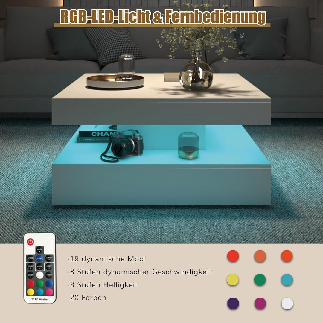 KEEPREAPER Couchtisch LED, Wohnzimmertisch mit 2 Schubladen für Wohnzimmer 78 x 78 x 40cm (Weiss), W