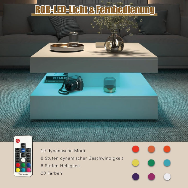 KEEPREAPER Couchtisch LED, Wohnzimmertisch mit 2 Schubladen für Wohnzimmer 78 x 78 x 40cm (Weiss), W