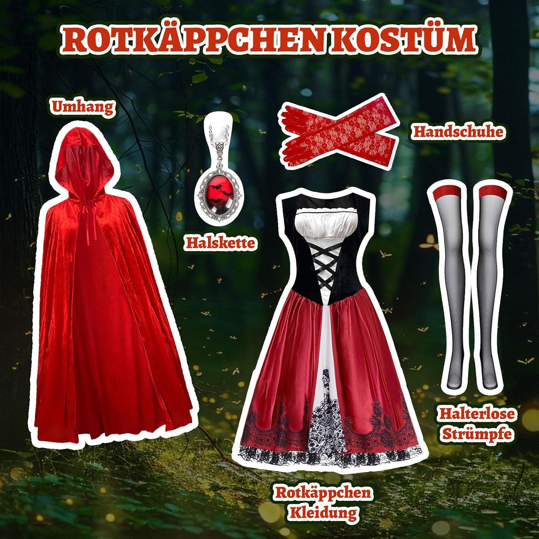 BuzzoXerex Rotkäppchen Kostüm für Damen, Rotkäppchen Kleid und Umhang mit Kapuze Halloween, Prinzess