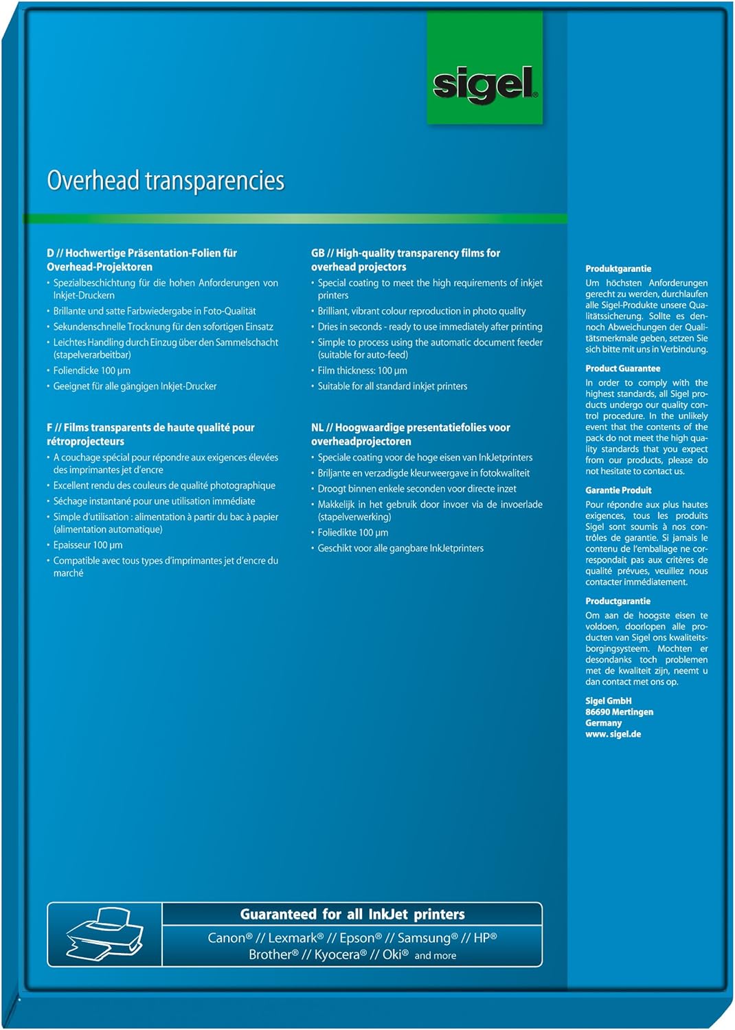 SIGEL IF210 OHP-Folien / Overhead-Folien für InkJet / Tintenstrahldrucker A4, 50 Blatt 80 x 50 mm, 8