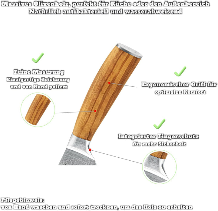 Damastmesser Küchenmesser mit 67 Schichten, Olivenholzgriff, Klinge aus rostfreiem Damaststahl, Dama