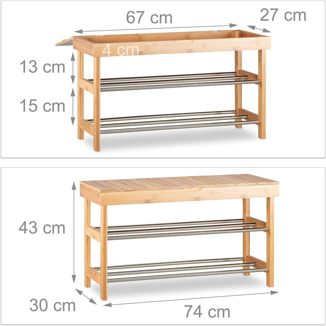 Relaxdays, Bambus Schuhschrank f. 6 Paar Schuhe, Sitzbank m. Stauraum HBT: 43x74x30 cm, Natur Schuhr