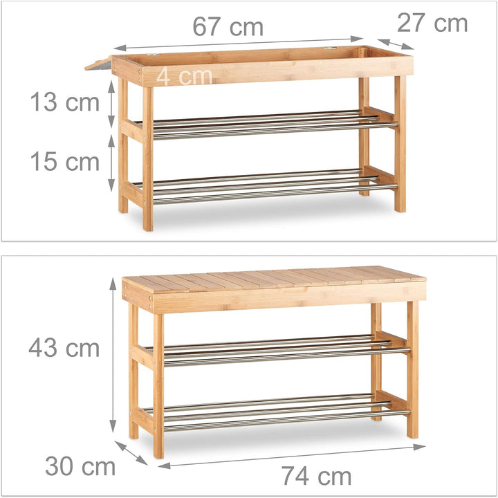 Relaxdays, Bambus Schuhschrank f. 6 Paar Schuhe, Sitzbank m. Stauraum HBT: 43x74x30 cm, Natur Schuhr