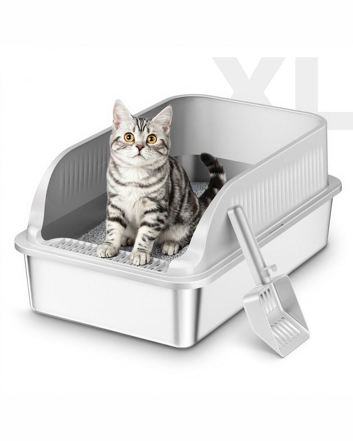 Katzenklo Edelstahl, Katzentoilette Gross XXL mit Schaufel, Katzenklo mit Abnehmbares Hoher Rand, Ha