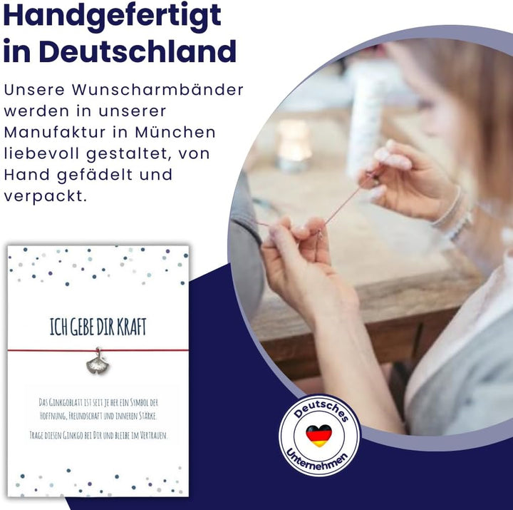 Glücksschmiedin – Grusskarte „Kraft“ mit Wunscharmband & Ginkgo-Anhänger – Mutmacher Geschenk mit Be