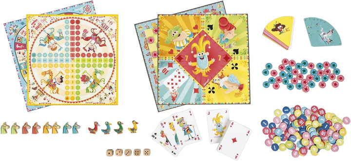 Janod - Carrousel Multi-Games Box Set - Classic Family Games - Draughts game, Ludo, Yellow Dwarf, 7