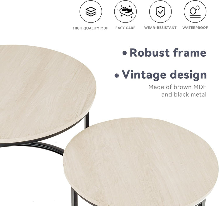 Hawthyhome 2 Stücke Beistelltisch Set rund, Couchtisch aus Holz mit Metallrahmen,Moderne Kaffeetisch