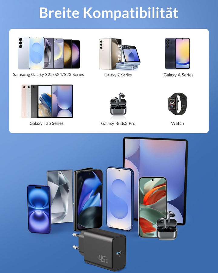 45W USB-C Schnellladegerät Schnellladekabel für Samsung Galaxy S26 S25 S24 S23 S22 FE Ultra Edge, A5