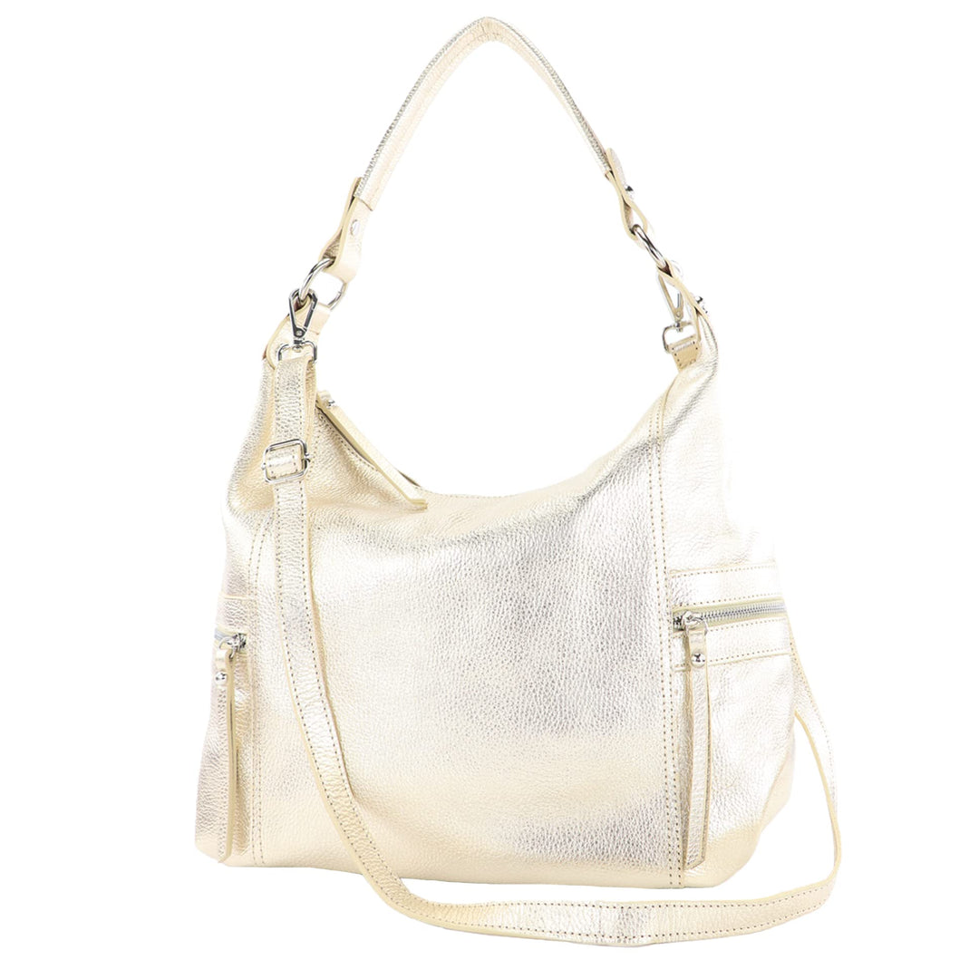 modamoda de - T229 - ital Schultertasche Shopper aus Leder Lightgold Metallic, Lightgold Metallic