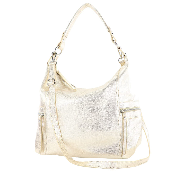 modamoda de - T229 - ital Schultertasche Shopper aus Leder Lightgold Metallic, Lightgold Metallic