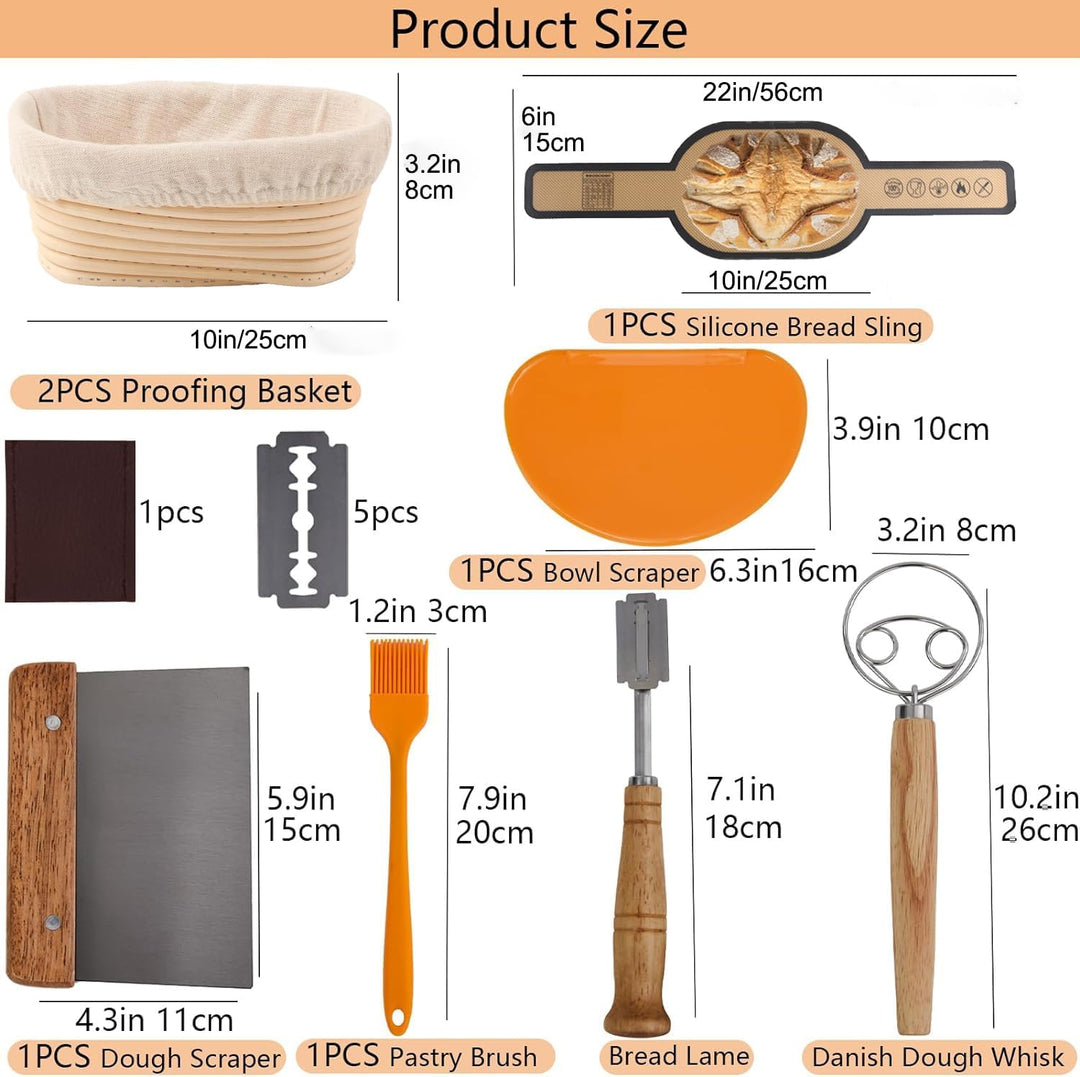 Gärkörbchen-Set, 2 ovale Gärkörbchen (25 cm), Silikon-Brotschlinge, dänischer Teigbesen, Teigschaber