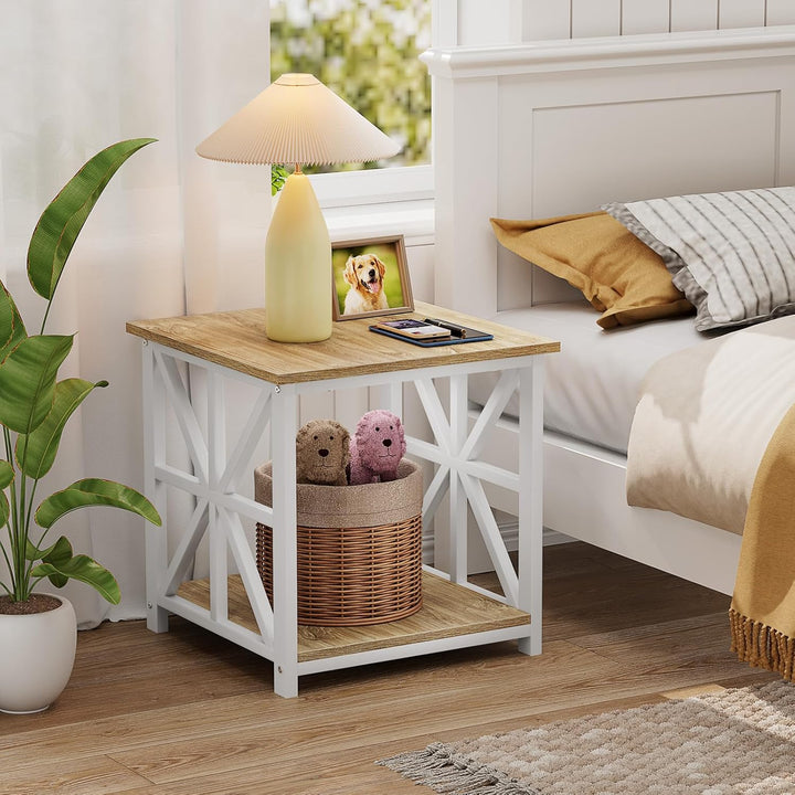 GreenForest Beistelltisch mit 2-stufigem Ablagefach,50 cm quadratischer Wohnzimmertisch, praktischer