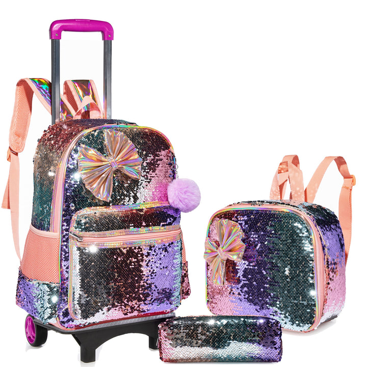 HTgroce Bogen Rucksack Trolley Mädchen Schultaschen Trolley, Grundschule Trolley Rucksack mit Lunch