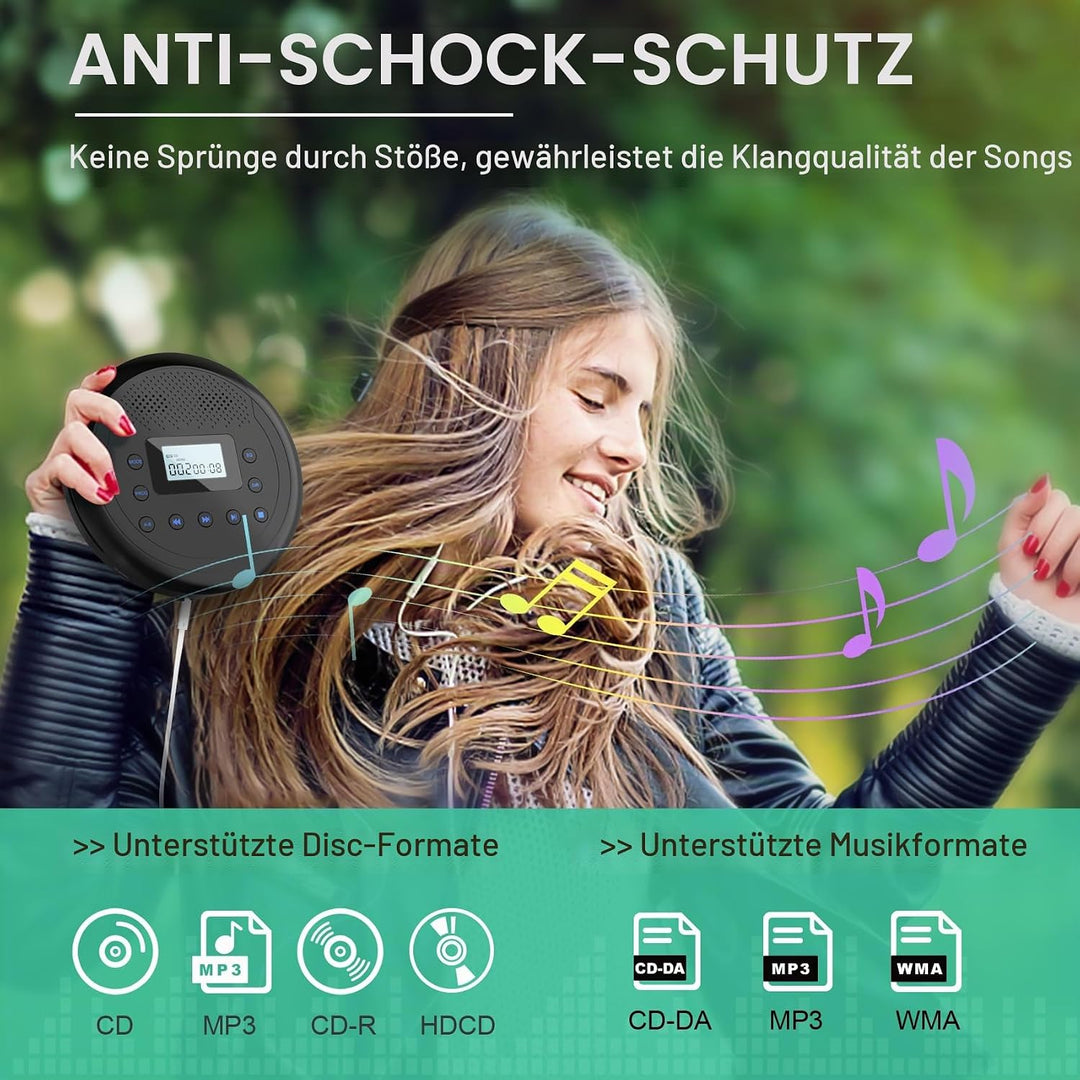 Tragbarer CD Player mit Lautsprecher, Wiederaufladbar Discman für Auto, Anti-Skip CD-Player klein fü