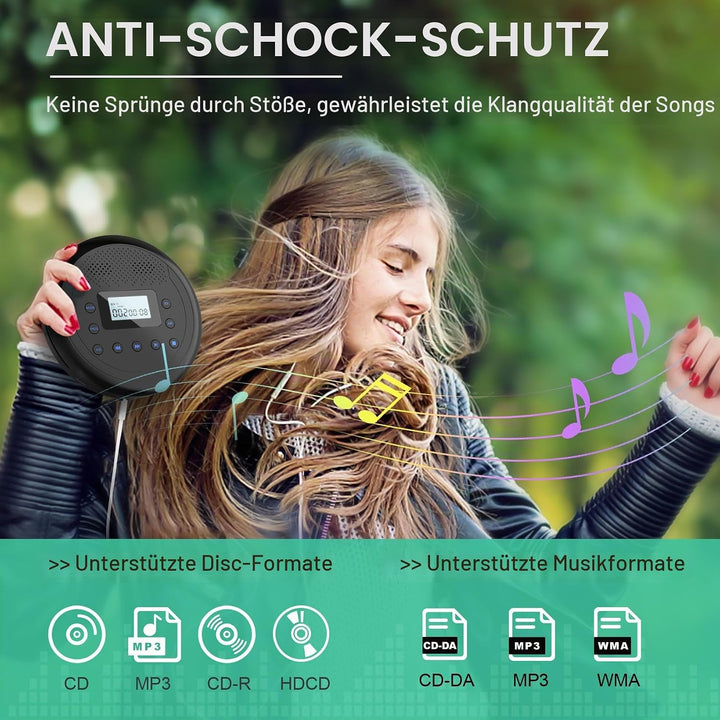 Tragbarer CD Player mit Lautsprecher, Wiederaufladbar Discman für Auto, Anti-Skip CD-Player klein fü