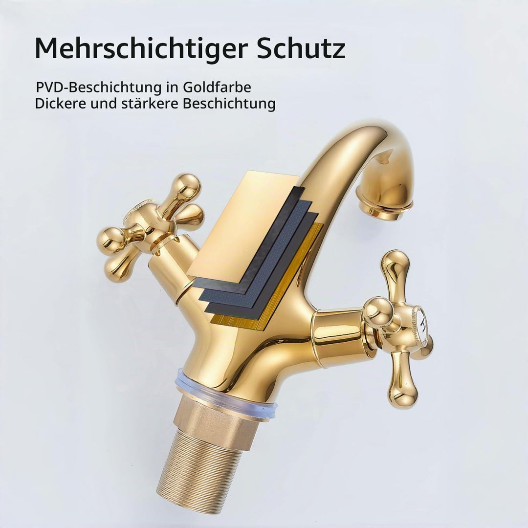 Wasserhahn Armatur Bad Zweigriff Gold, Waschtischarmatur Messing mit Kreuzgriff, Mischbatterie Badez
