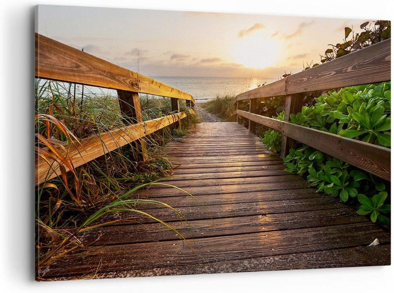 Bilder auf Leinwand 100x70cm Leinwandbild Fussgängerbrücke Meer Strand Ufer Gross Wanddeko Bild Schl