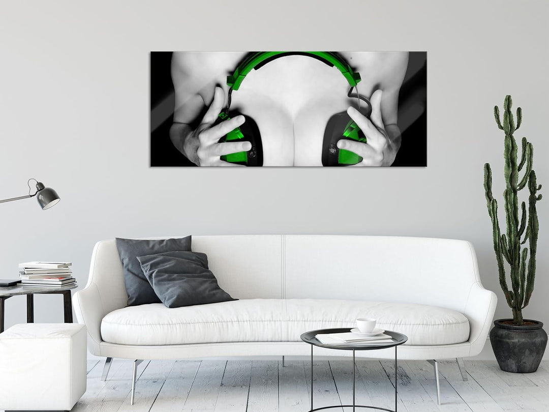 Glasbild Panorama | Wandbild aus Echtglas | Dark Sexy girl grüne Kopfhörer | 100x40 cm | inkl. Aufhä