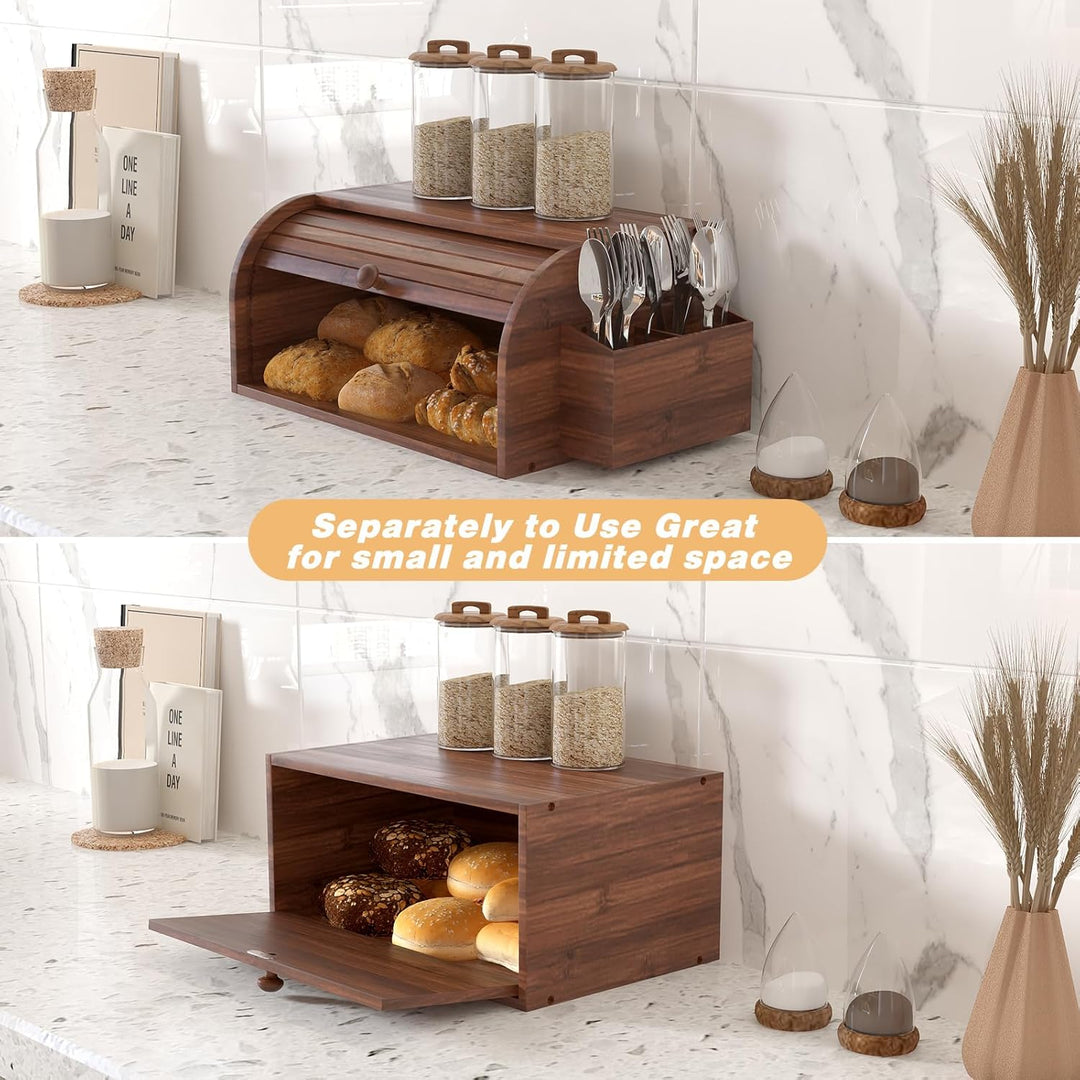 TQVAI Brotkasten Holz, Bambus Brotbehälter mit 2 Etagen Brotaufbewahrung, Bread Box mit Rolldeckel m