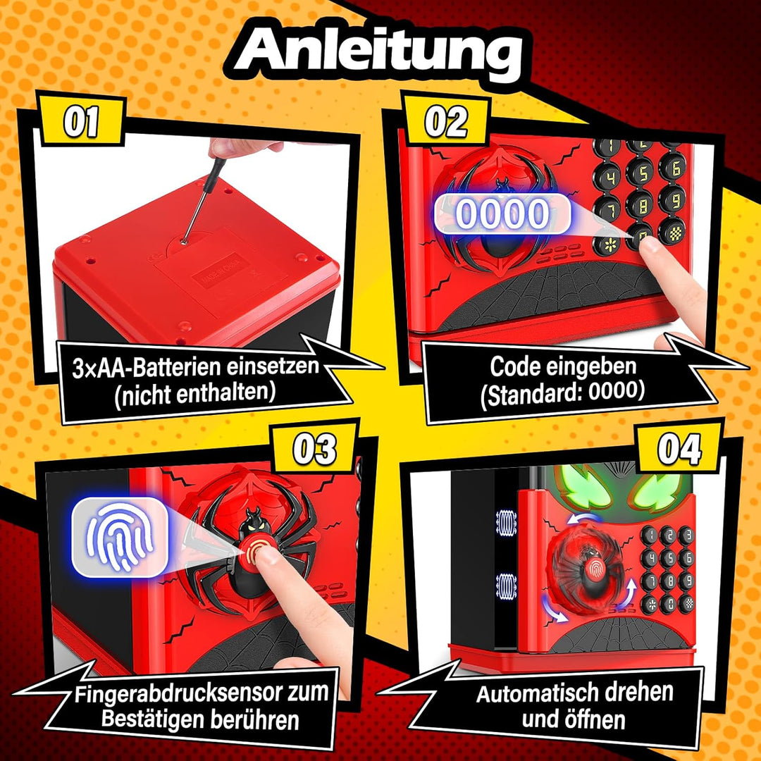 Spardose Kinder Tresor,Tresor Kinder mit 3D Spinnen Design und interaktivem Fingerabdrucksensor,Elek
