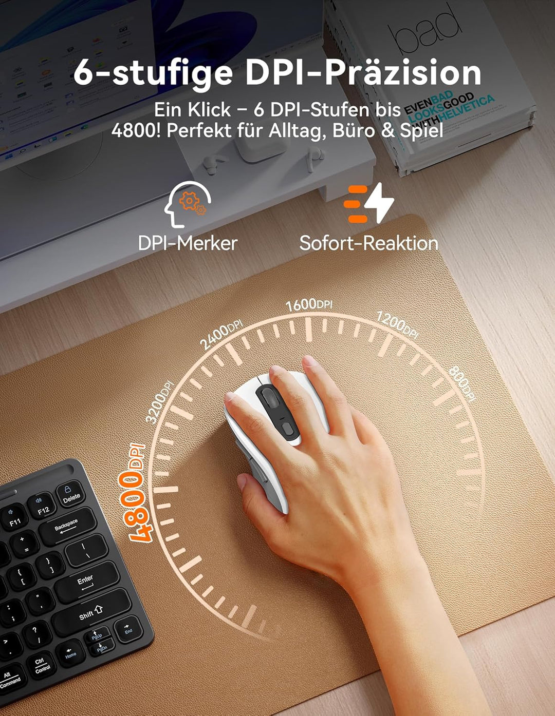 TECKNET Bluetooth Maus, Maus Kabellos (Tri-Modus: BT 5.0/3.0+2.4G) 4800 DPI Leise Mouse, Funkmaus mi