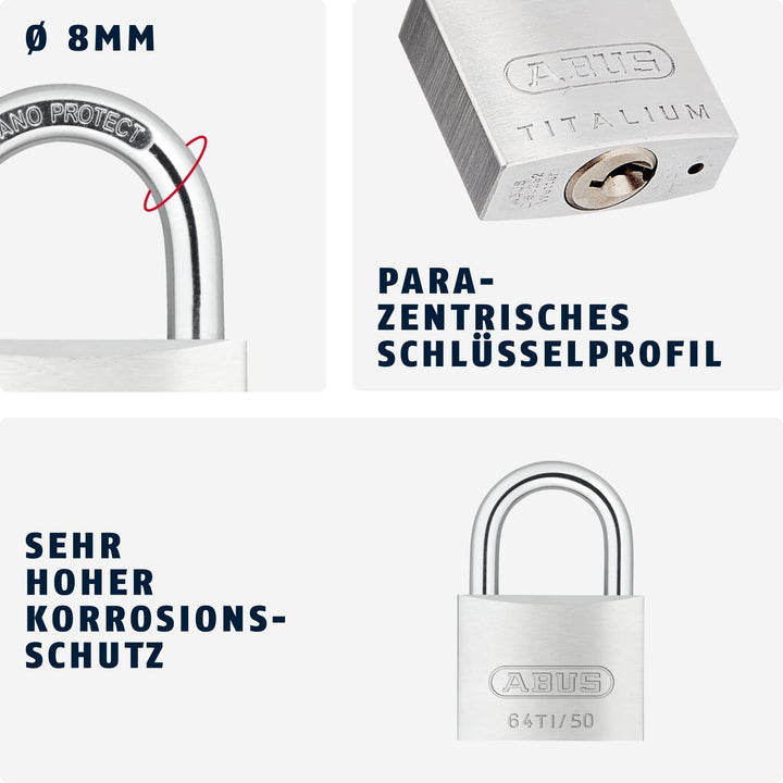 ABUS Vorhängeschloss Titalium 64TI/50 gl.-6513 - gleichschliessend - Kellerschloss mit Schlosskörper