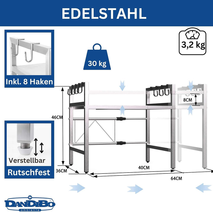 DanDiBo Verstellbares Mikrowellenregal Edelstahl 2 Stufig 40-64 cm Mikrowellen Regal 96685 Stehend M