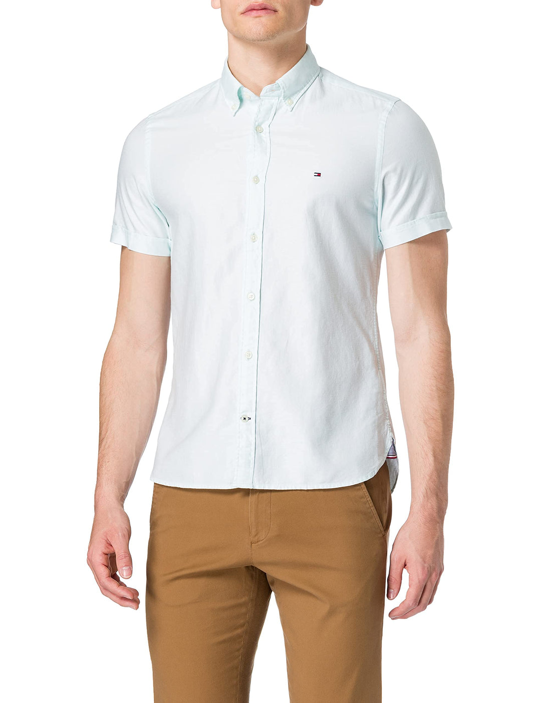 Tommy Hilfiger Herren Slim Co/Li Twill Shirt S/S Hemd L Oxygen, L Oxygen