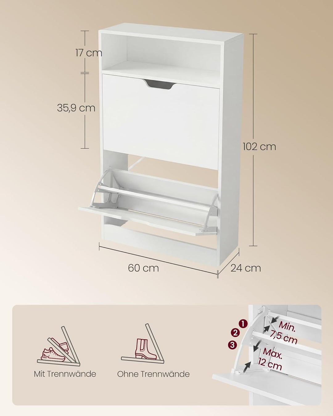 VASAGLE Schuhschrank 2 Klappen, Schuhkipper, Schuhregal, Schuhaufbewahrung, offenes Fach, Trennwand