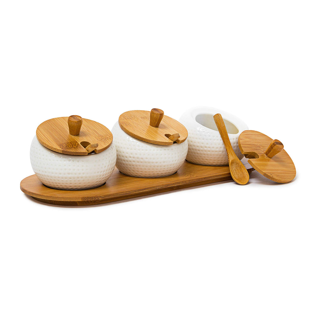 Relaxdays Gewürzhalter JIAO aus Keramik und Bambus H x B x T: ca. 8,5 x 30,5 x 12 cm Gewürzdosen mit
