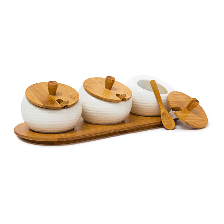 Relaxdays Gewürzhalter JIAO aus Keramik und Bambus H x B x T: ca. 8,5 x 30,5 x 12 cm Gewürzdosen mit