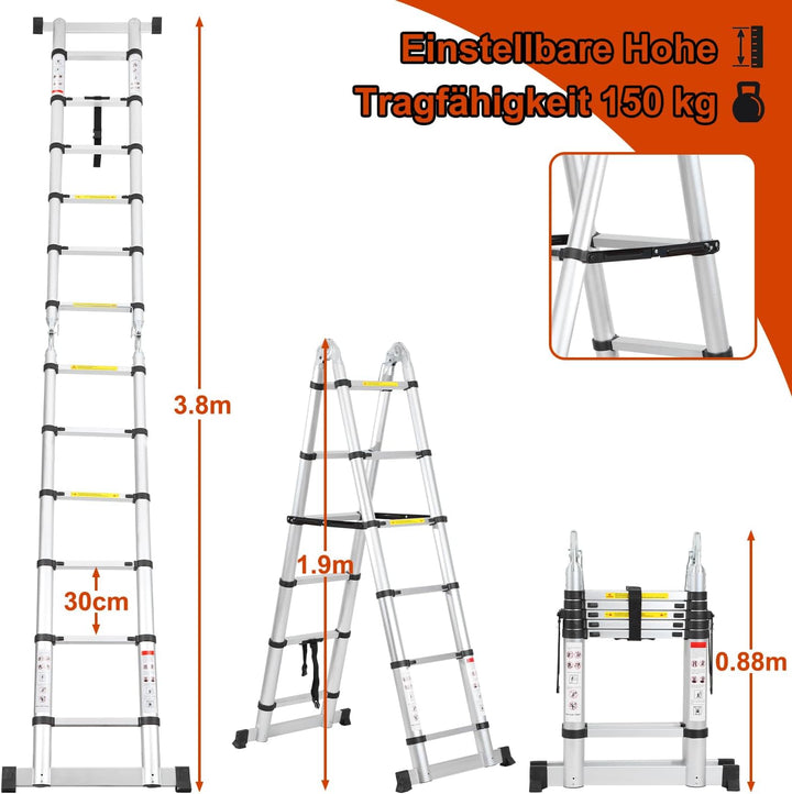 Cecaylie Teleskopleiter Klappleiter Aluminium, 3.8M(1.9M+1.9M) Ausziehbare Leiter mit Stabilisatoren
