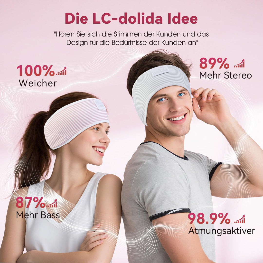LC-dolida Schlafkopfhörer Ultra-Soft Bluetooth-Stirnband mit 4-Wege Stretch & No-Slip Yoga Stirnband