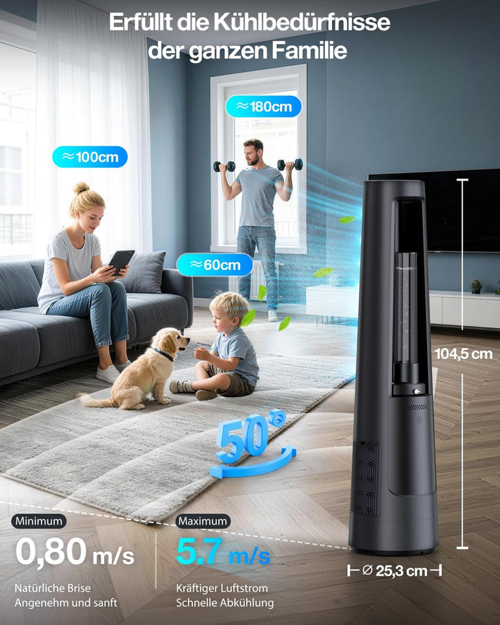 4-in-1 Leiser Turmventilator mit Wasserkühlung, Luftreiniger & Beduften, Standventilator mit Befeuch