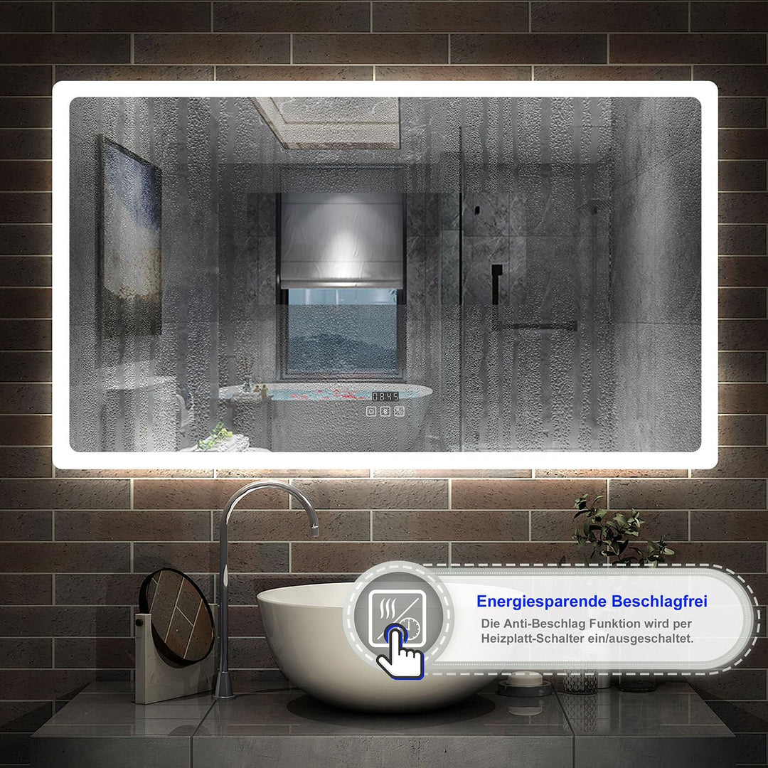 Aica Sanitär LED Badspeigel 120×70cm Bluetooth Uhr 3 Lichfarbe dimmbar Memory Wand/Touchschalter Ant
