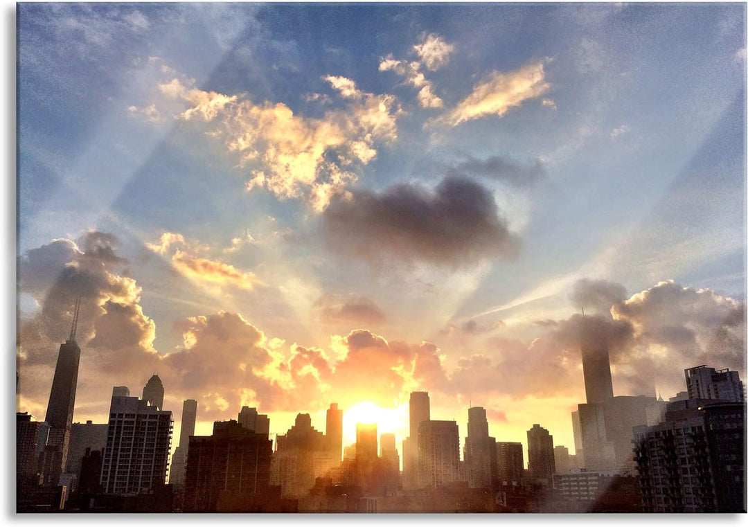 Pixxprint Glasbild | Wandbild aus Echtglas | Chicago Skyline im Sonnenaufgang | 60x40 cm | inkl. Auf