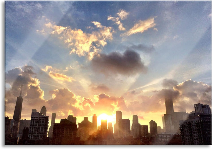 Pixxprint Glasbild | Wandbild aus Echtglas | Chicago Skyline im Sonnenaufgang | 60x40 cm | inkl. Auf