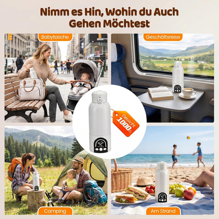 500ml Tragbarer Flaschenwärmer Baby, Mobiler Flaschenwärmer Baby mit Ladekabel & 12000mAh-Akku,Desin