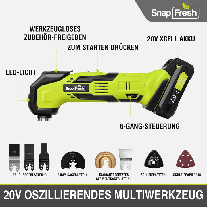 SnapFresh Oszillierendes Werkzeug, 20 V schnurloses, oszillierendes Multitool mit 6 Geschwindigkeite