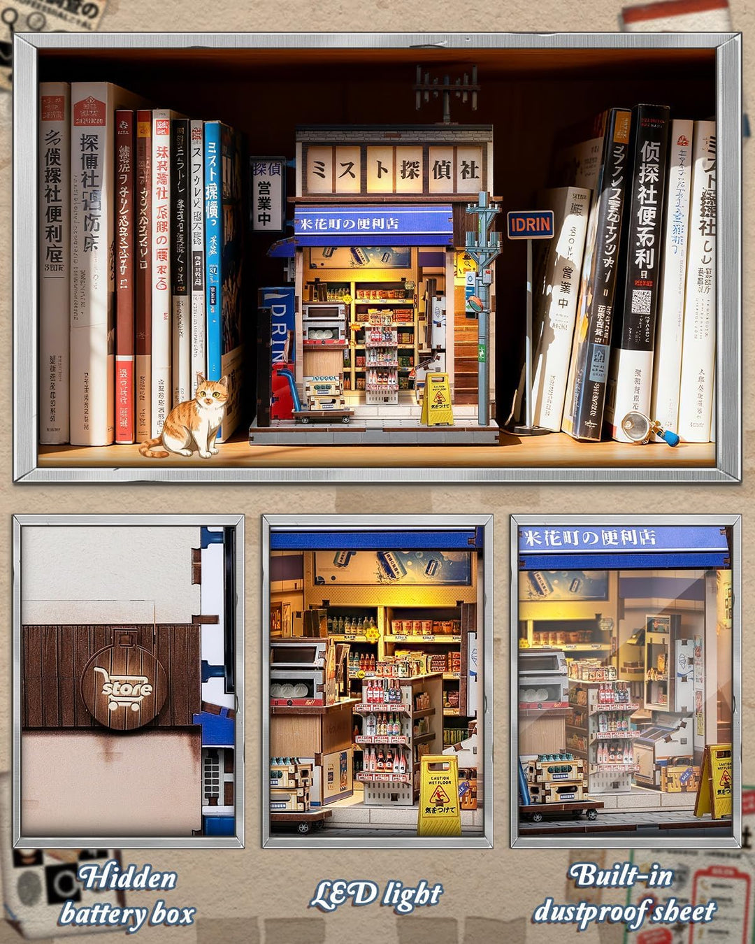 Japanisches Zwei-Szenen-3D-Puzzle Book Nook Kit - Puppenhaus mit versteckter Treppe, Konbini-Atmosph