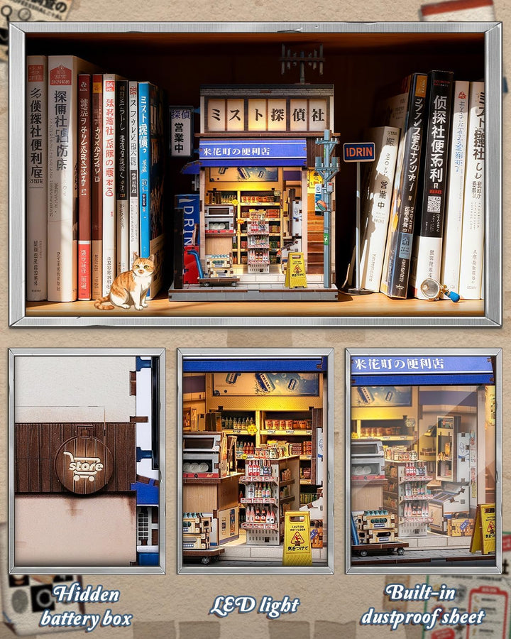 Japanisches Zwei-Szenen-3D-Puzzle Book Nook Kit - Puppenhaus mit versteckter Treppe, Konbini-Atmosph