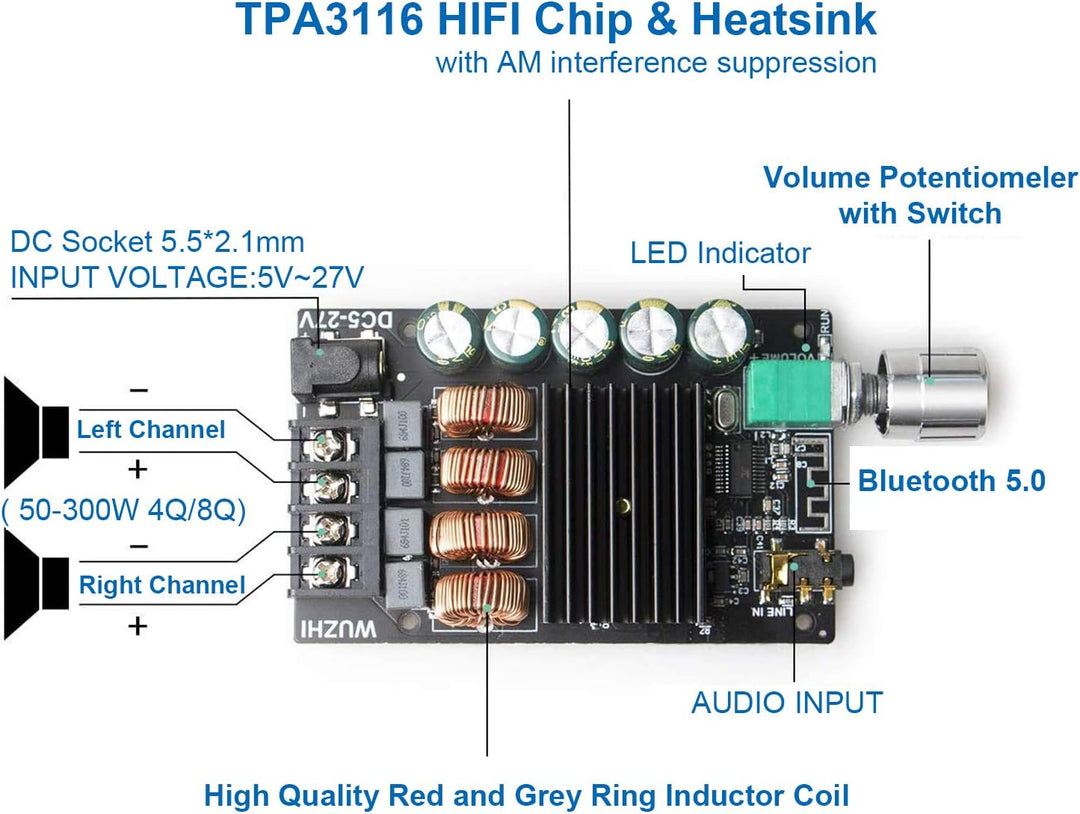 200W Bluetooth-Verstärkerplatine TPA3116,100W + 100W Audioverstärkerplatine mit LC-Filtertechnik, Zw