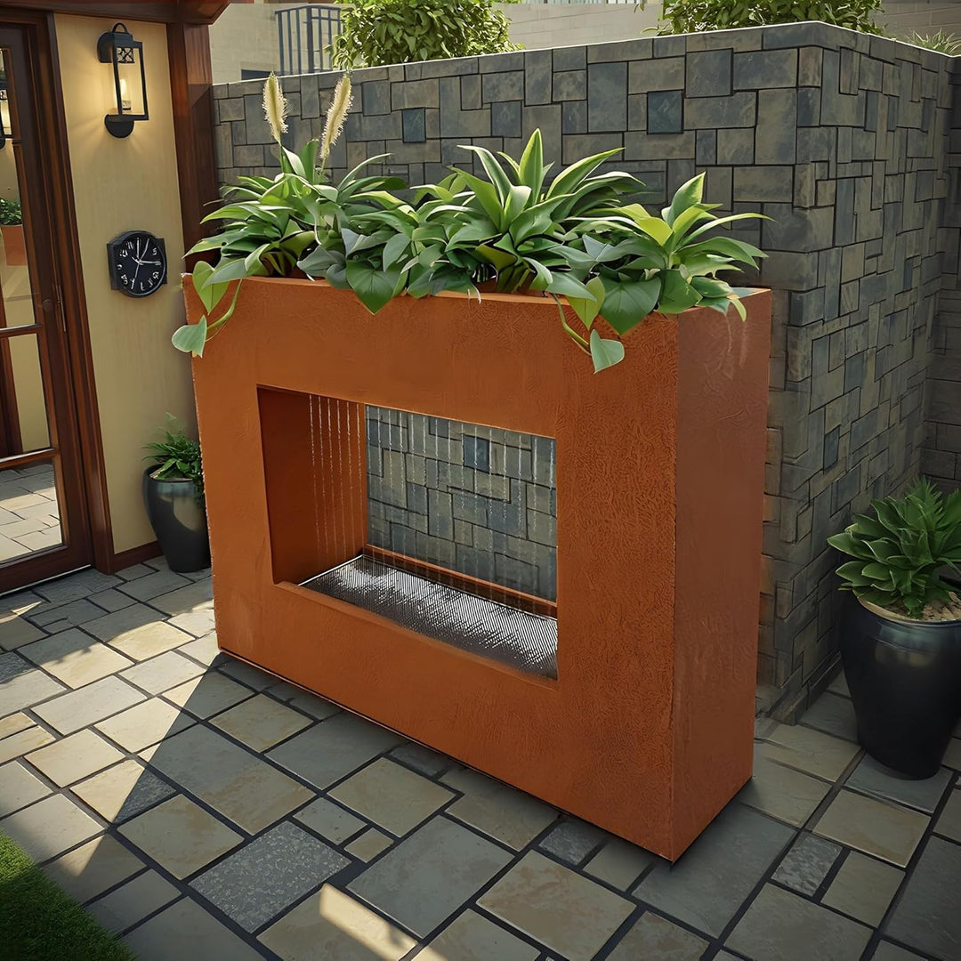 KÖHKO® Wasservorhang-Brunnen bepflanzbar mit LED-Beleuchtung Höhe 60 cm aus Cortenstahl mit Pflanzka