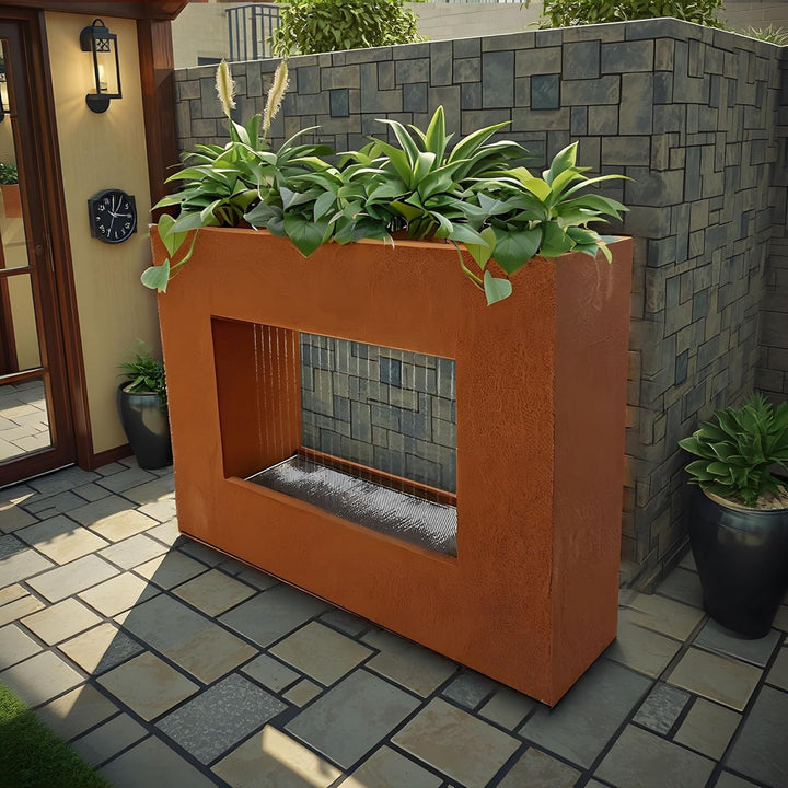 KÖHKO® Wasservorhang-Brunnen bepflanzbar mit LED-Beleuchtung Höhe 60 cm aus Cortenstahl mit Pflanzka