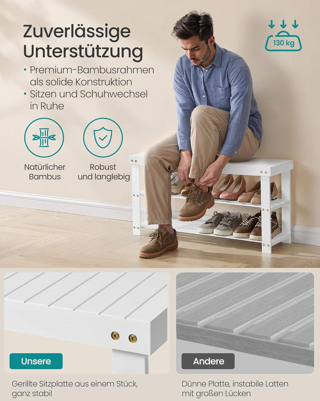 SONGMICS Schuhbank, Schuhregal mit 3 Ebenen, Schuhablage aus Bambus, bis 130 kg belastbar, 28,7 x 90