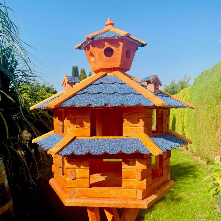 DARLUX Vogelvilla wetterfest von L bis XXL Futterhaus Vogelhaus mit oder ohne Ständer in Braun mit R